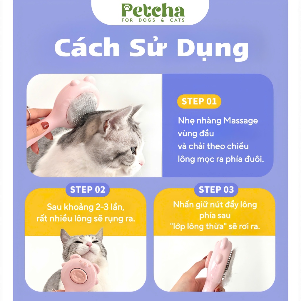 Lược chải lông thú cưng | PETCHA hình gấu – loại bỏ lông rụng, gỡ rối, massage da, giảm rụng lông cho chó mèo