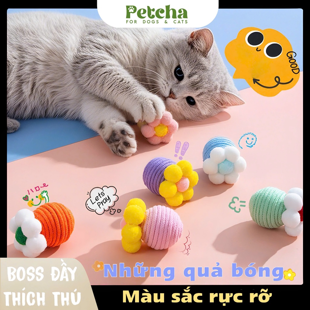 Đồ chơi bóng len cho mèo | PETCHA hình bông hoa – giảm stress, giải trí, kích thích vận động, hạn chế cào phá