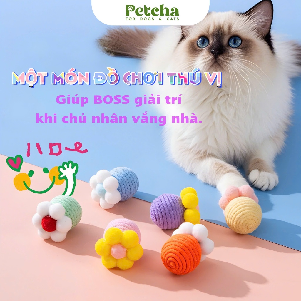 Đồ chơi bóng len cho mèo | PETCHA hình bông hoa – giảm stress, giải trí, kích thích vận động, hạn chế cào phá