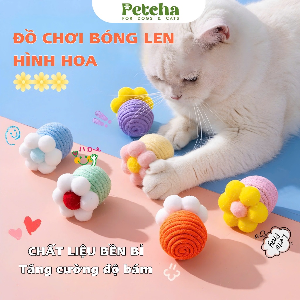 Đồ chơi bóng len cho mèo | PETCHA hình bông hoa – giảm stress, giải trí, kích thích vận động, hạn chế cào phá