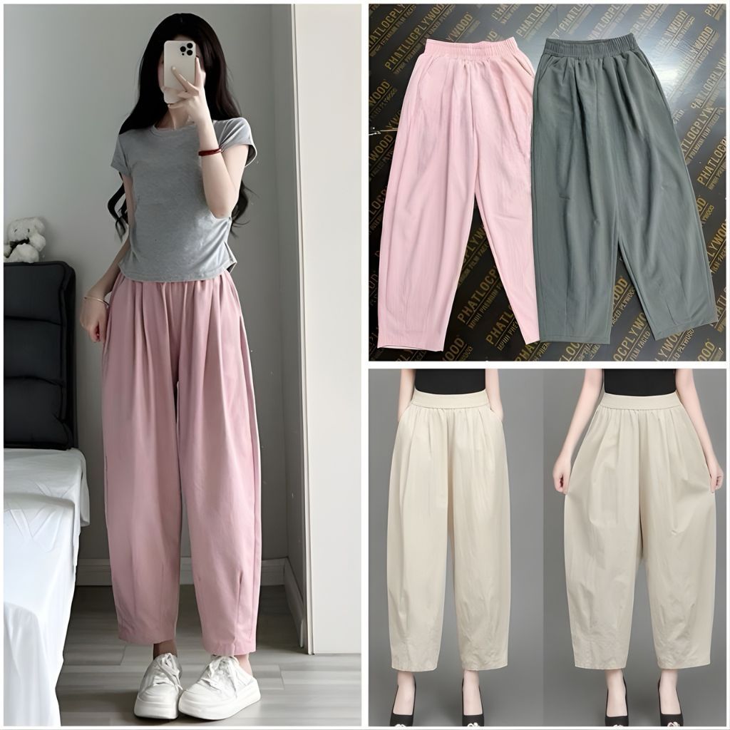 Quần Baggy Dáng Lửng Đũi Vân Mây Mềm Mát Cạp Chun Lưng Cao - Q368 TT