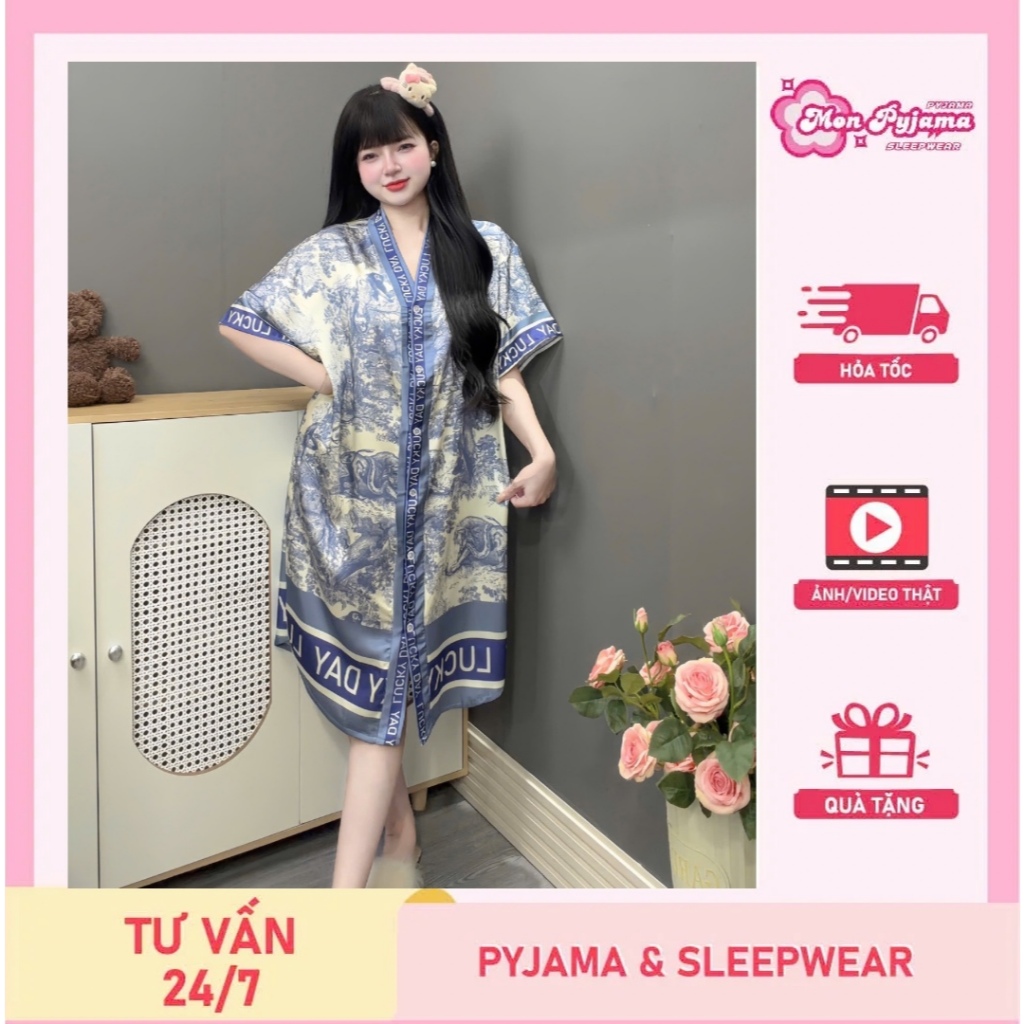 Đồ ngủ nữ,đầm váy ngủ nữ lụa  freesize<75kg mềm mịn mát thiết kế cổ V chữ Y  họa tiết dễ thương [55]