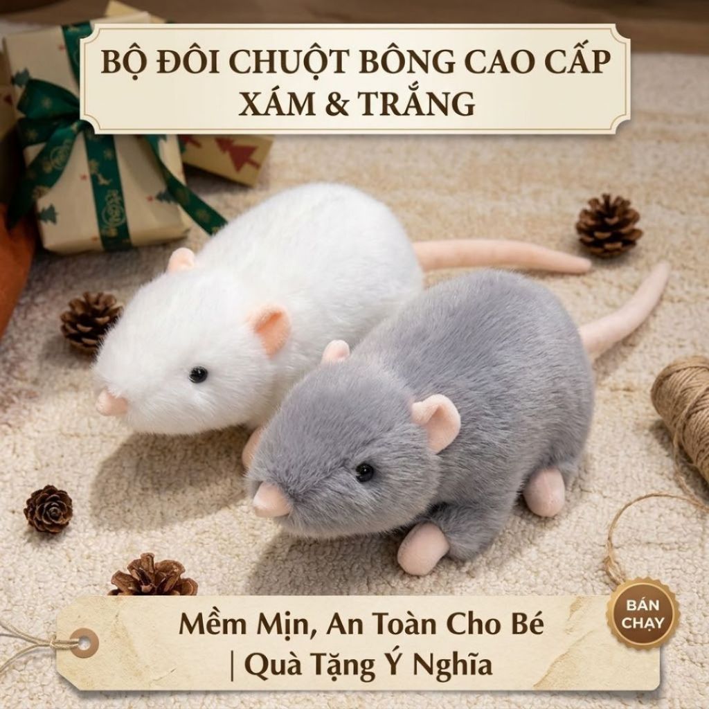 Gấu bông con chuột chất liệu lông tơ non an toàn thân thiên làm đồ chơi cho bé, cho mèo