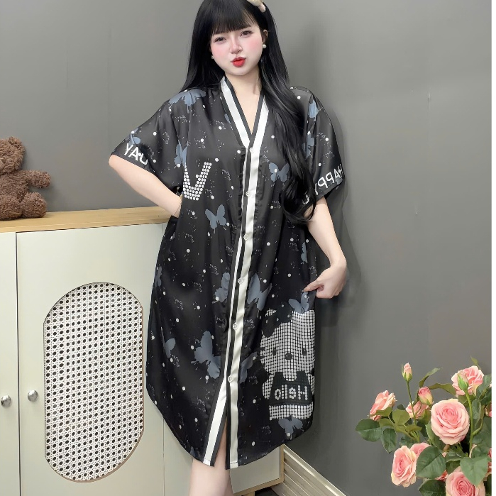 Đồ ngủ nữ,đầm váy ngủ nữ lụa  freesize<75kg mềm mịn mát thiết kế cổ V chữ Y  họa tiết dễ thương [55]