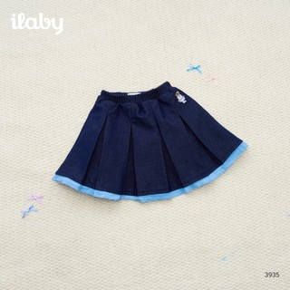 Chân váy denim bé gái ILABY HCM dáng xòe xếp ly, phối viền xanh, thêu gấu dễ thương [3935]