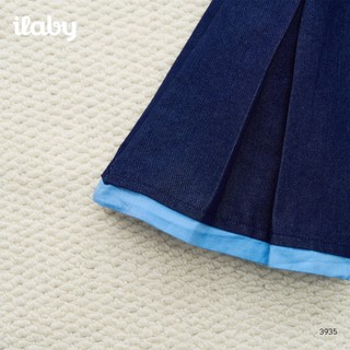 Chân váy denim bé gái ILABY HCM dáng xòe xếp ly, phối viền xanh, thêu gấu dễ thương [3935]