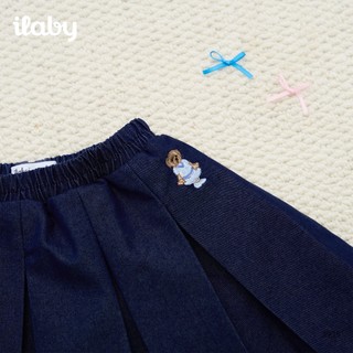 Chân váy denim bé gái ILABY HCM dáng xòe xếp ly, phối viền xanh, thêu gấu dễ thương [3935]