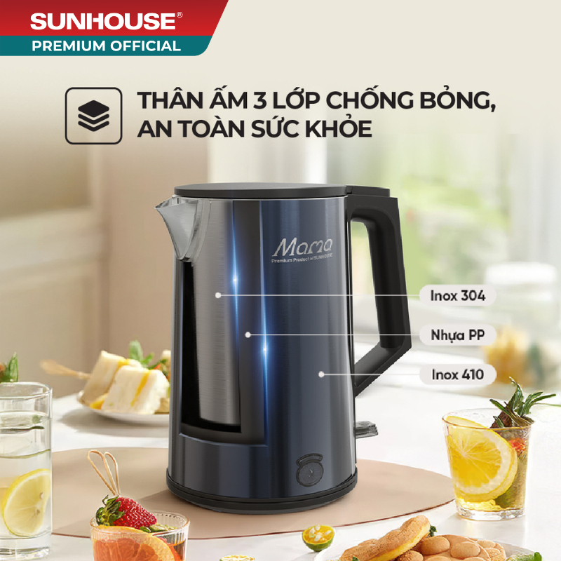 Ấm siêu tốc Inox 3 lớp 1L Sunhouse Mama SHD1373 - Thân ấm 3 lớp cách nhiệt, lòng ấm inox 304 an toàn