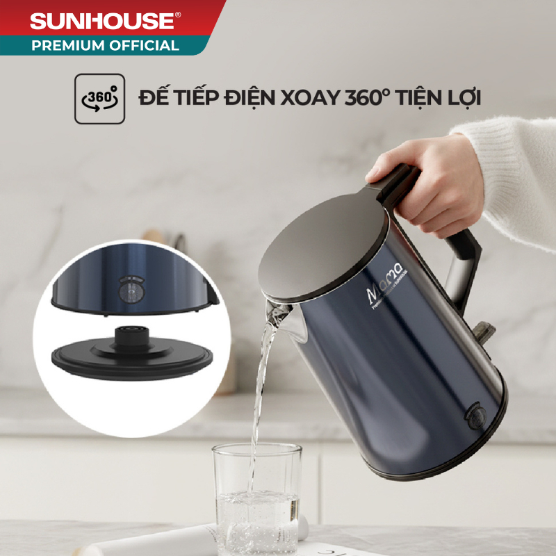 Ấm siêu tốc Inox 3 lớp 1L Sunhouse Mama SHD1373 - Thân ấm 3 lớp cách nhiệt, lòng ấm inox 304 an toàn