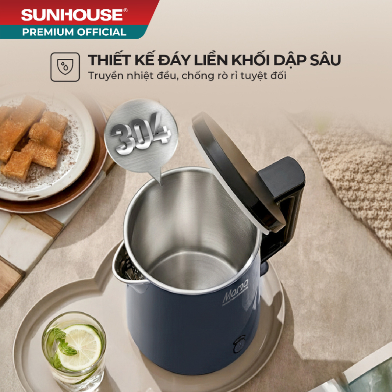 Ấm siêu tốc Inox 3 lớp 1L Sunhouse Mama SHD1373 - Thân ấm 3 lớp cách nhiệt, lòng ấm inox 304 an toàn