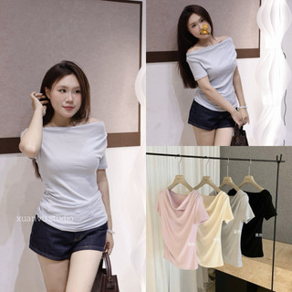 𝐏𝐡𝐢𝐞𝐧 𝐖𝐆𝐖𝐄 | (Sẵn Be) w8835 Áo Thun Nhún Vai Mặc 2 Kiểu 4 Màu Trơn