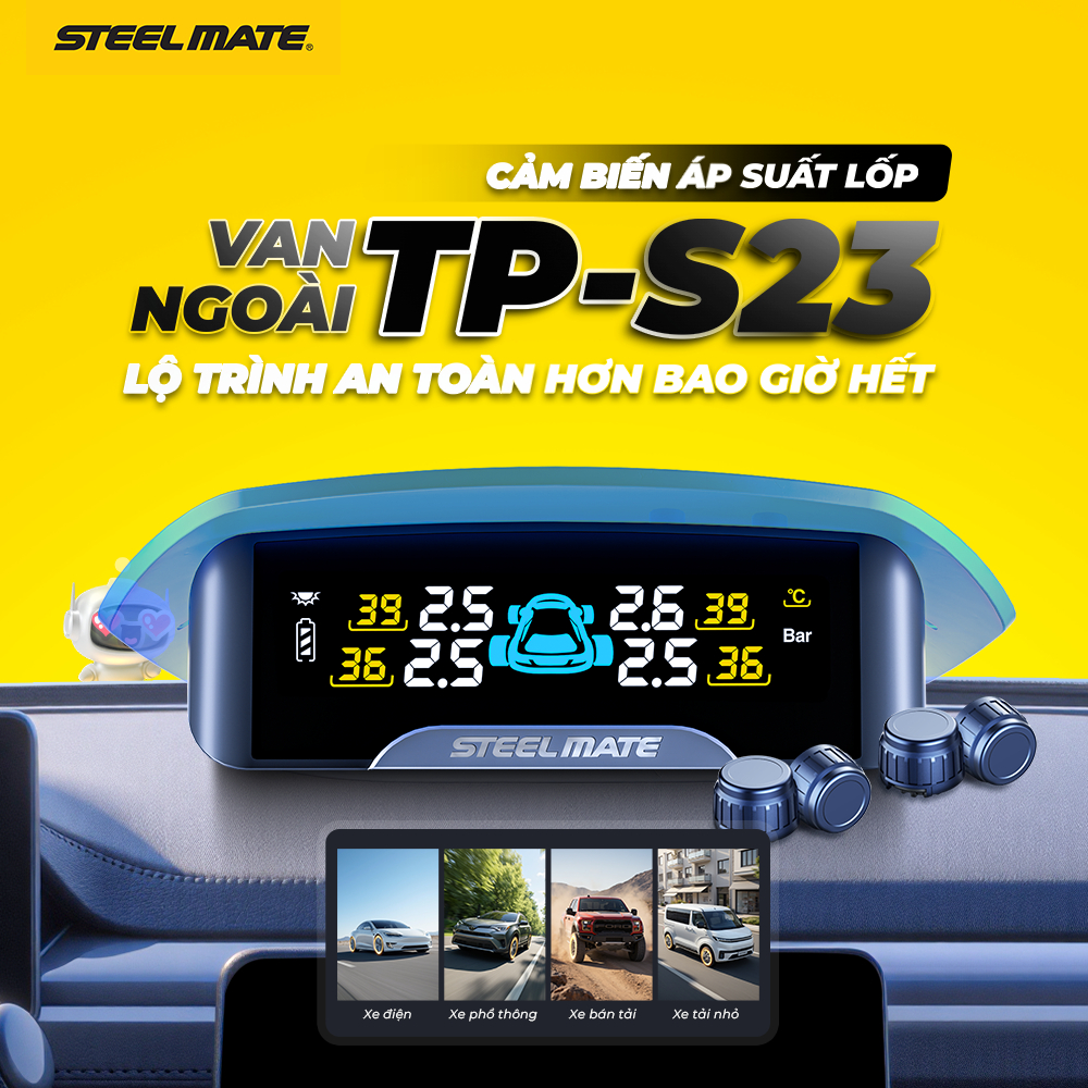 [TPMS] Cảm Biến Áp Suất Lốp Ô Tô STEELMATE TP-S23 - Van Ngoài, Cảnh Báo Âm Thanh, Bảo hành 2 năm