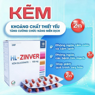 Kẽm HL-ZINVER 100mg Zinc Gluconate Hộp 100 Viên – Tăng Đề Kháng, Giảm Mụn, Bổ Sung Kẽm Cho Da