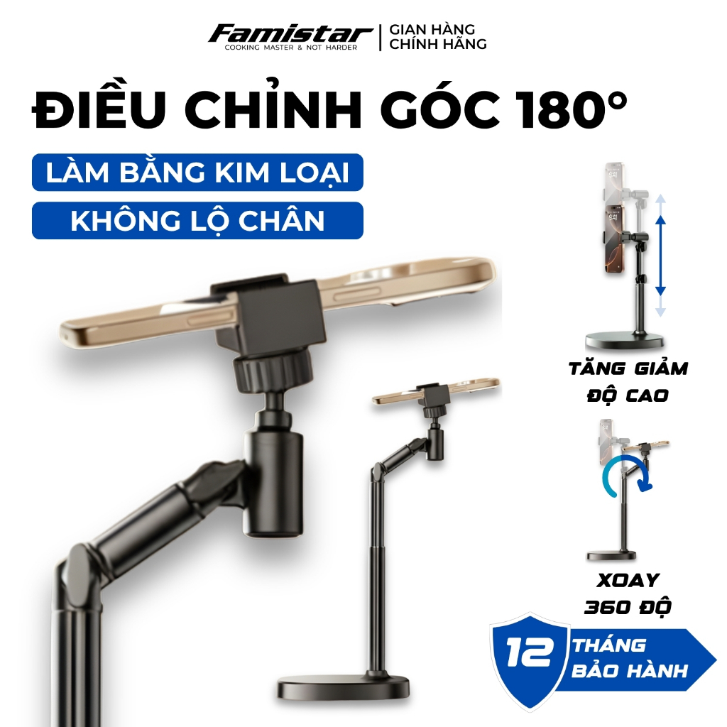 Giá Đỡ Điện Thoại Xoay 360 Điều Chỉnh Độ Cao, Kẹp Điện Thoại Quay Video Đa năng Livestream Famistar GD07