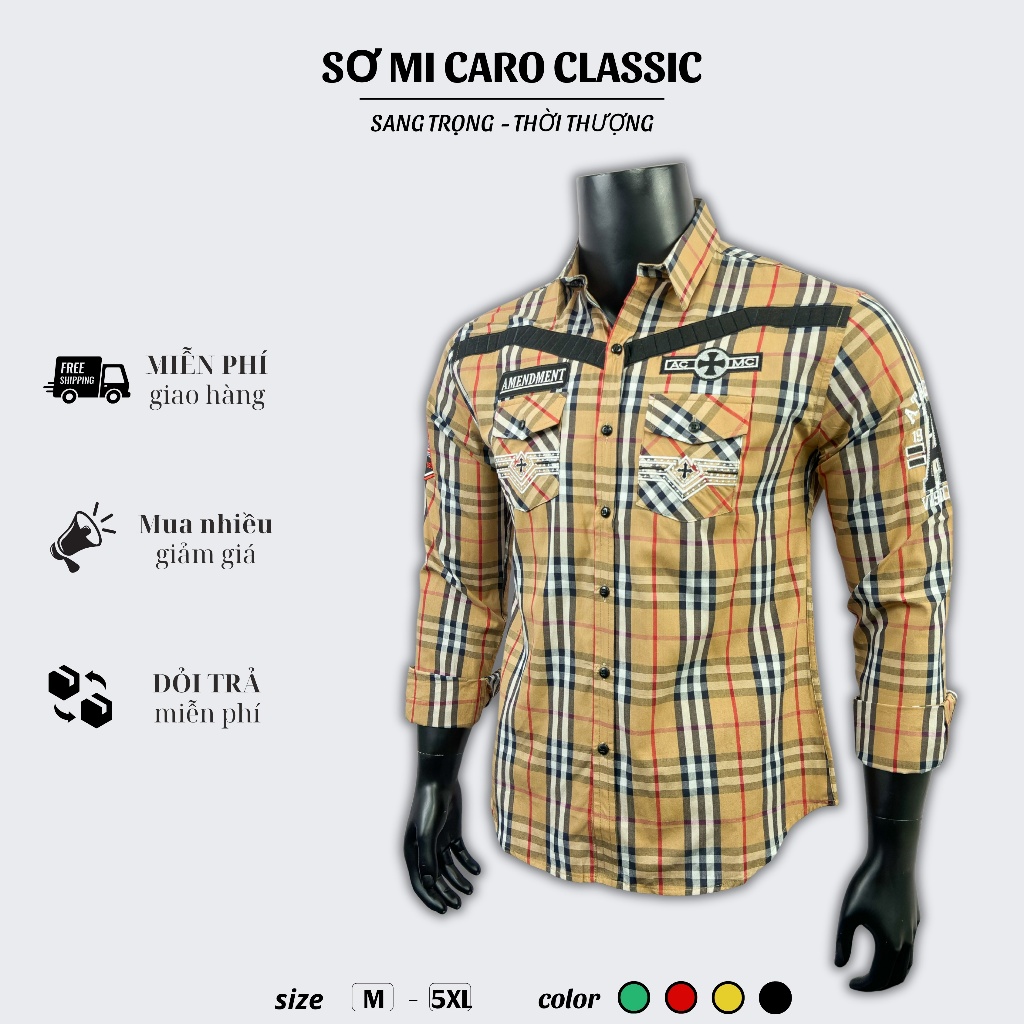Áo Sơ Mi Caro Nam Thêu Thời Thượng Chất Lụa Cotton Thoáng Mát Form Slimfit Tôn Dáng Menswear 016