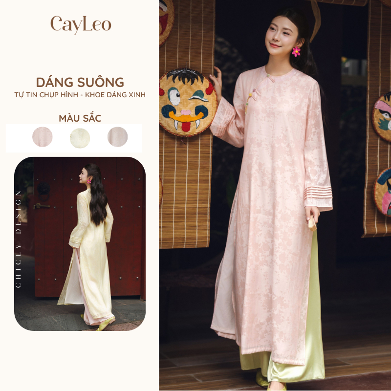 [KOL] Áo dài Thanh Anh dáng suông tân nữ cổ tròn tơ gấm hoa chìm CayLeo Design - AD03