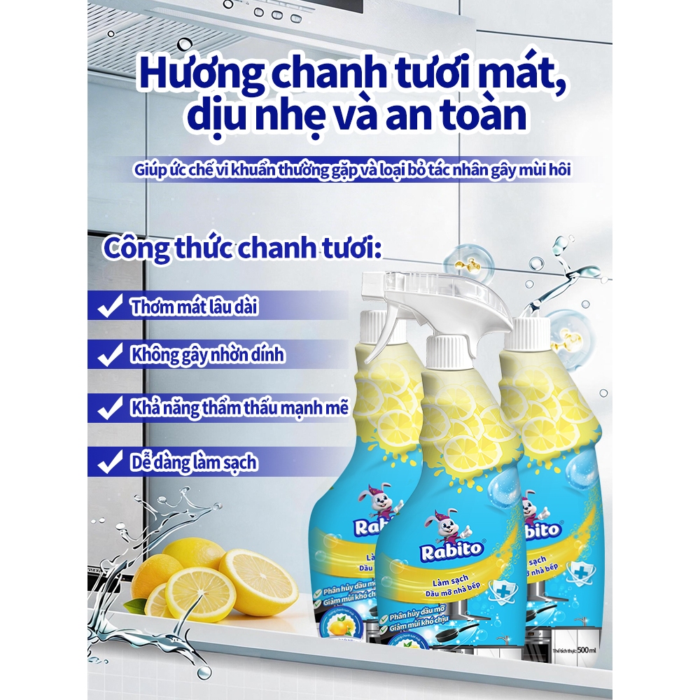 【NEW】Dung dịch tẩy dầu mỡ nhà bếp Rabito Tẩy sạch dầu mỡ cứng đầu, ức chế vi khuẩn 99%, hương chanh thơm mát, nhẹ 500ml