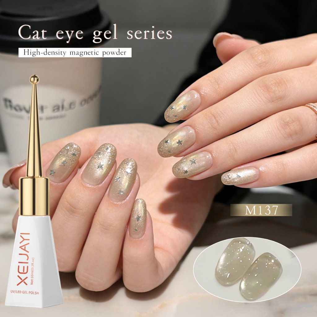 XEIJAYI 10ml - Sơn móng tay dạng gel màu vàng nhạt ánh cầu vồng mắt mèo, thích hợp cho việc tự làm nghệ thuật vẽ móng.