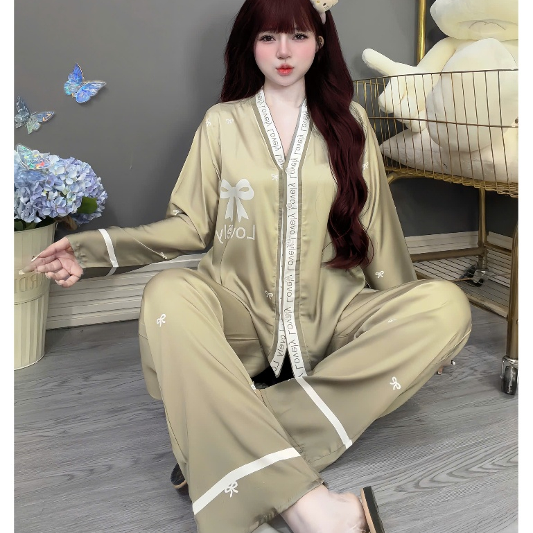 Đồ bộ nữ đồ mặc nhà,đồ ngủ dễ thương,bộ tiểu thư lụa latin mềm mịn mát cổ Y họa tiết dễ thương [360]