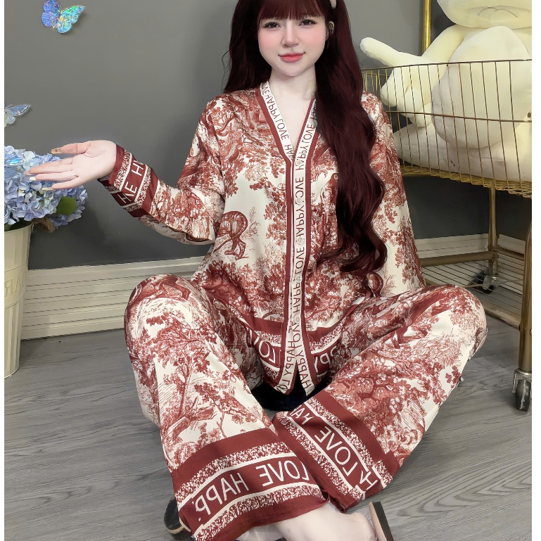 Đồ bộ nữ đồ mặc nhà,đồ ngủ dễ thương,bộ tiểu thư lụa latin mềm mịn mát cổ Y họa tiết dễ thương [360]