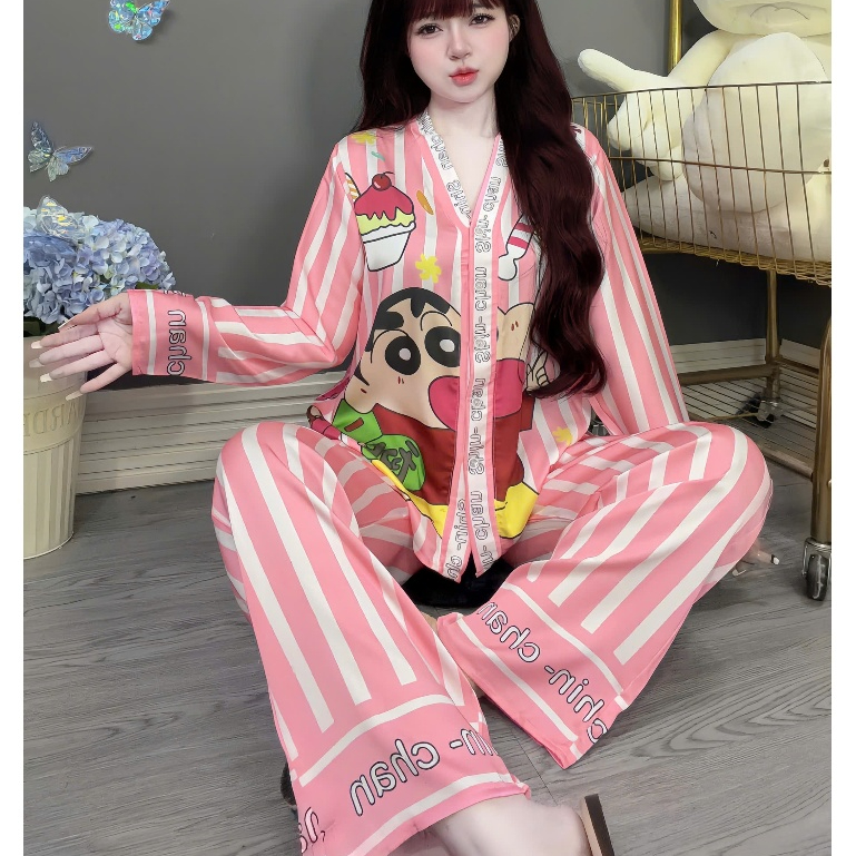 Đồ bộ nữ đồ mặc nhà,đồ ngủ dễ thương,bộ tiểu thư lụa latin mềm mịn mát cổ Y họa tiết dễ thương [360]