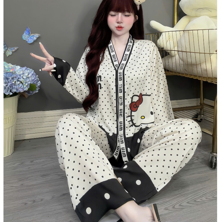 Đồ bộ nữ đồ mặc nhà,đồ ngủ dễ thương,bộ tiểu thư lụa latin mềm mịn mát cổ Y họa tiết dễ thương [360]