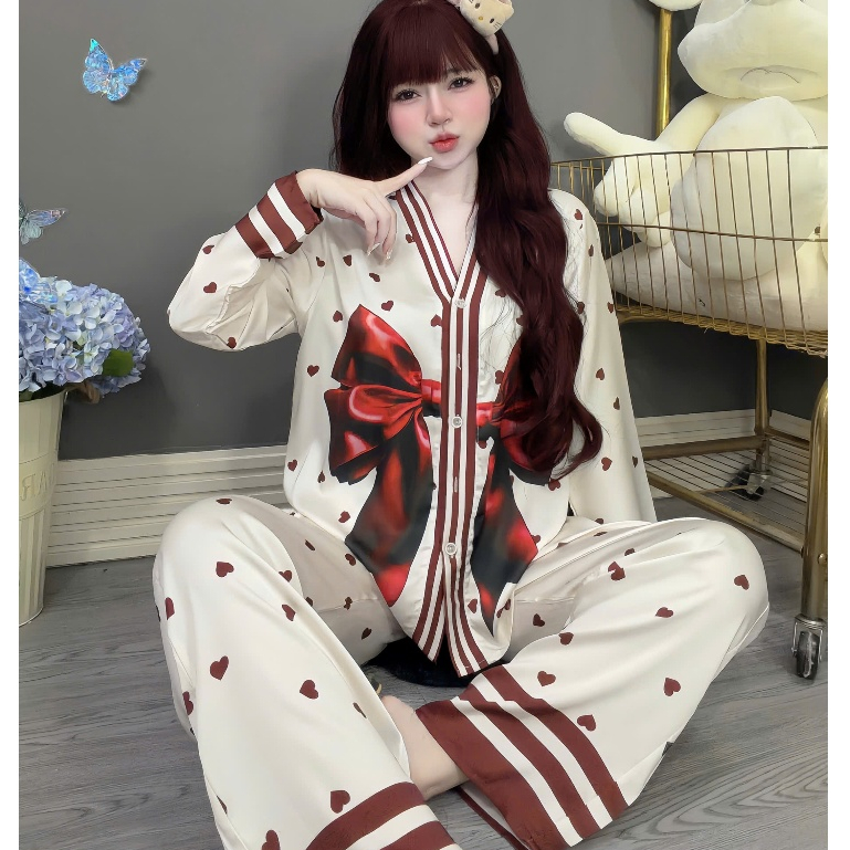 Đồ bộ nữ đồ mặc nhà,đồ ngủ dễ thương,bộ tiểu thư lụa latin mềm mịn mát cổ Y họa tiết dễ thương [360]