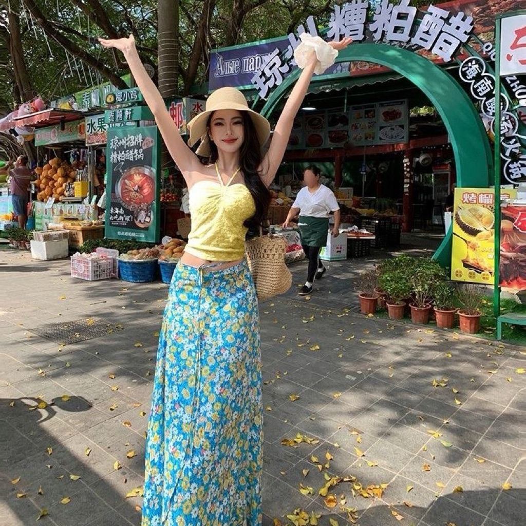 [ Order 7-15n] Set Áo Quây Nơ Kèm Chân Váy Hoa Cúc Hoạ Mi Dáng Dài❤️