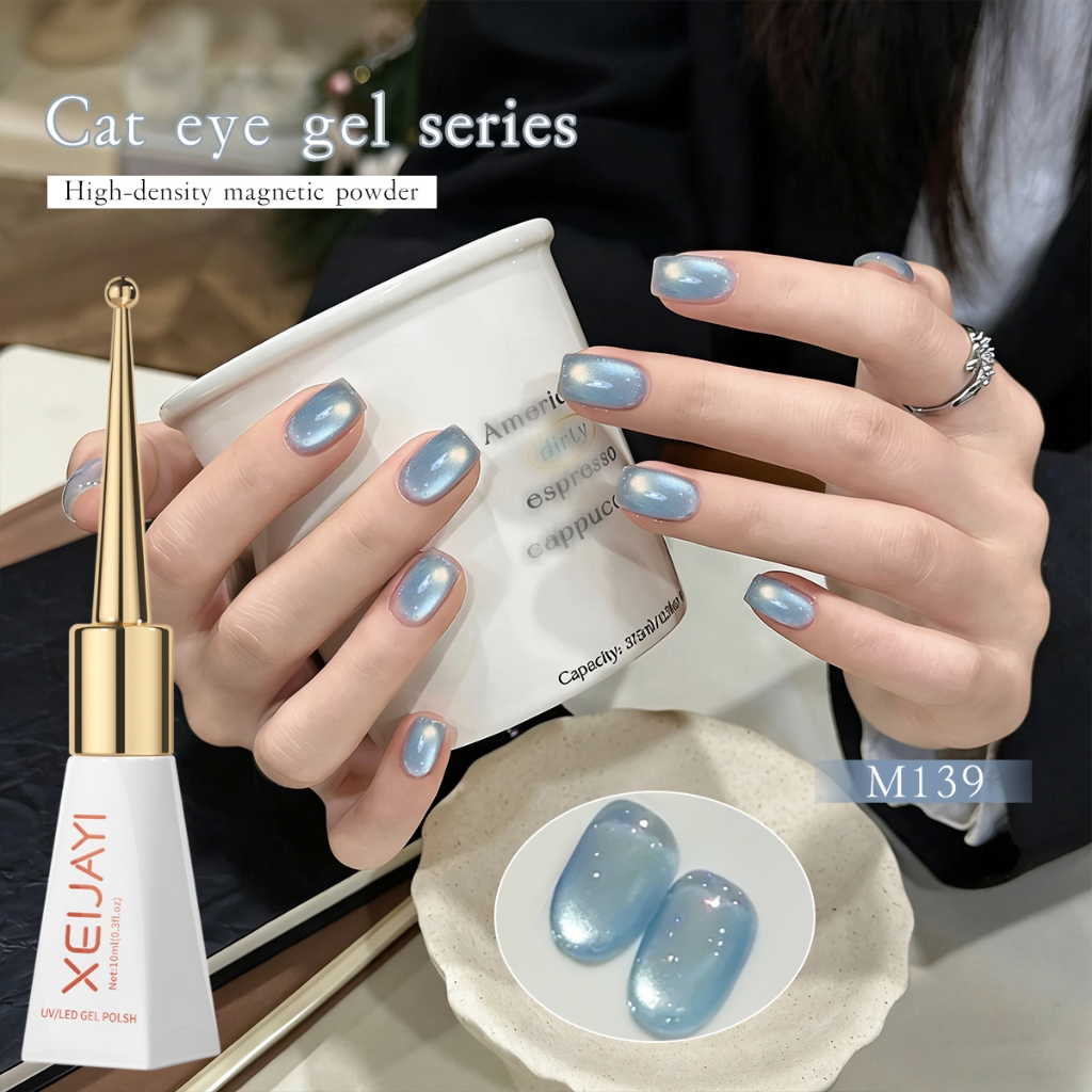 XEIJAYI 10ml - Sơn móng tay dạng gel mắt mèo màu xanh nhạt siêu bóng, hoàn hảo cho việc tự làm nghệ thuật vẽ móng.