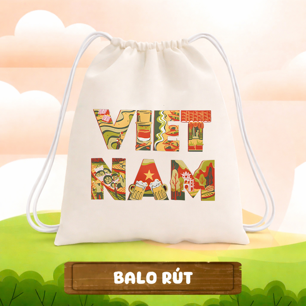 Balo Dây Rút In Hình Việt Nam - Hà Nội - Sài Gòn Nhiều Mẫu túi vải dây rút size 35x40cm tiện dụng đi học đi chơi