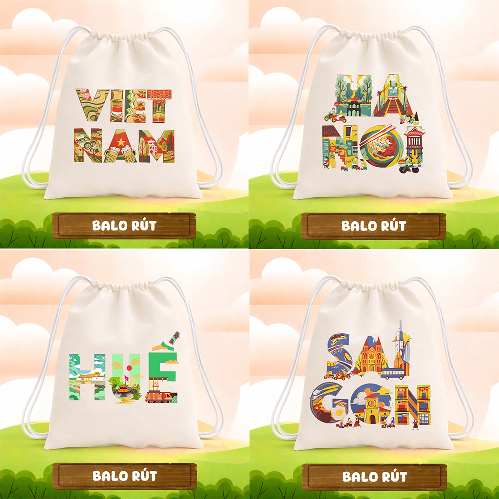 Balo Dây Rút In Hình Việt Nam - Hà Nội - Sài Gòn Nhiều Mẫu túi vải dây rút size 35x40cm tiện dụng đi học đi chơi