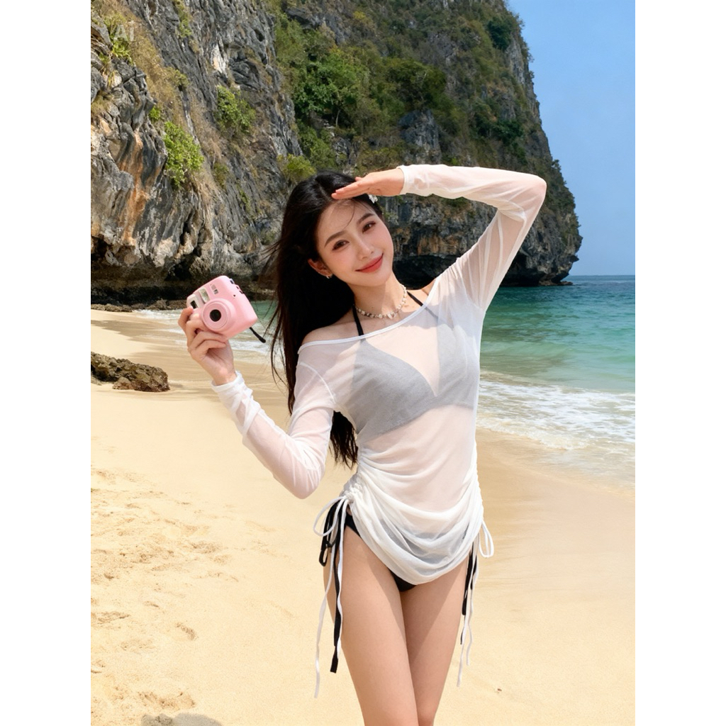 Bikini tina Áo lưới kiểu co dãn mặc ngoài phong cách trắng đen
