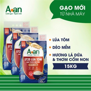 Combo 3 túi Gạo ST25 lúa tôm thượng hạng Aan túi 5kg - bao bì mới - Chính hãng Gạo sạch Aan