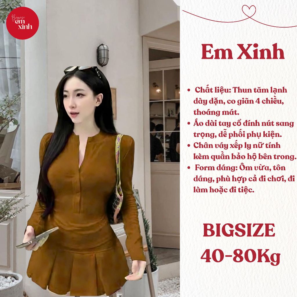 Set Áo Dài Tay Cổ Đính Nút Kèm Chân Váy Xếp Ly Có Quần Bảo Hộ Bigsize – Thun Tăm Lạnh Dày BS049