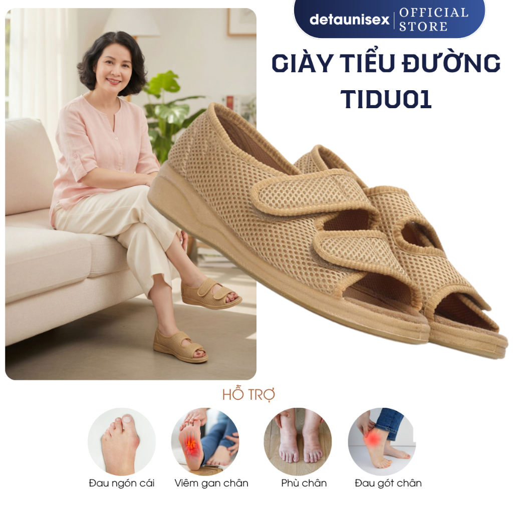 Giày vải 2 quai cho người già bệnh tiểu đường Detaunisex màu Kem - TIDU01