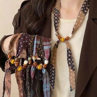 Khăn Lụa Retro Khóa Hạt Gỗ Đeo Nhanh – Khăn Lụa Twilly Nữ Vòng Cổ Không Cần Thắt Phối Đồ Vintage
