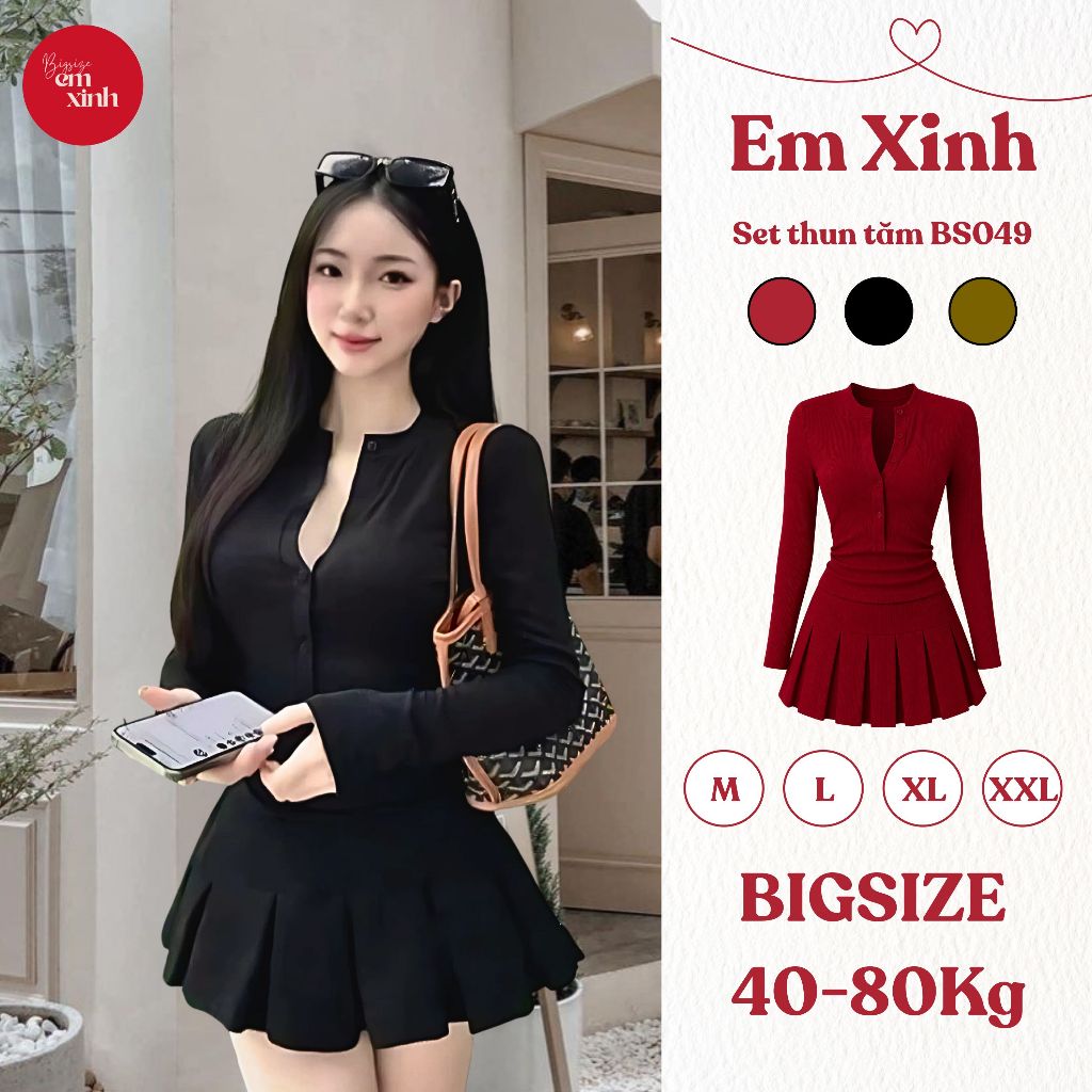 Set Áo Dài Tay Cổ Đính Nút Kèm Chân Váy Xếp Ly Có Quần Bảo Hộ Bigsize – Thun Tăm Lạnh Dày BS049