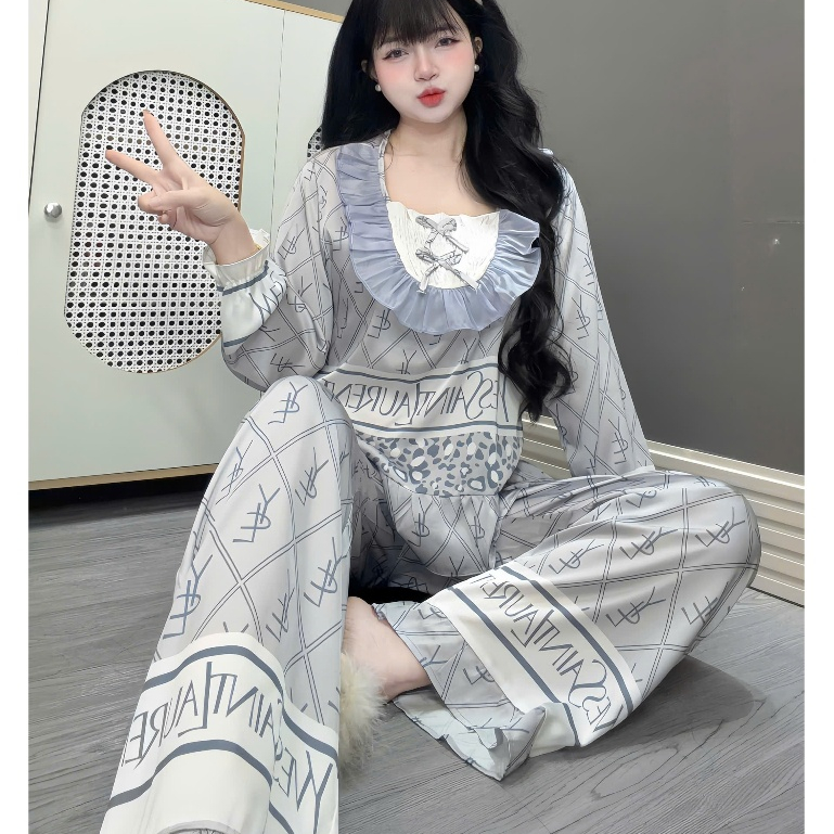Đồ bộ nữ, đồ ngủ cổ vuông bèo nhún lụa cao cấp cánh tiên mịn mát nhiều họa tiết dễ thương cute [74].