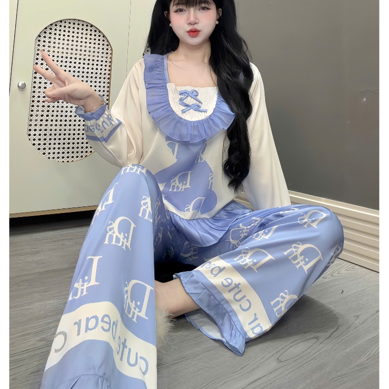 Đồ bộ nữ, đồ ngủ cổ vuông bèo nhún lụa cao cấp cánh tiên mịn mát nhiều họa tiết dễ thương cute [74].