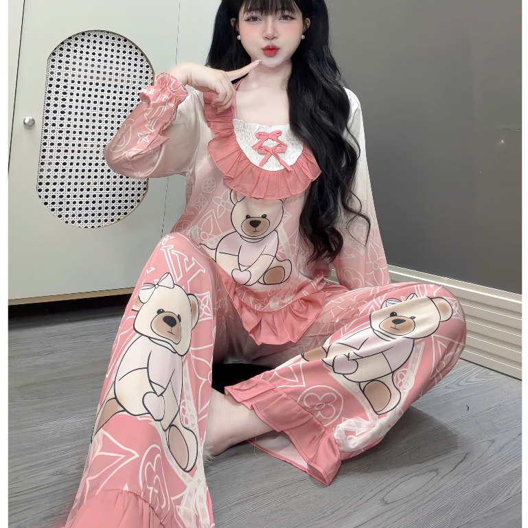 Đồ bộ nữ, đồ ngủ cổ vuông bèo nhún lụa cao cấp cánh tiên mịn mát nhiều họa tiết dễ thương cute [74].