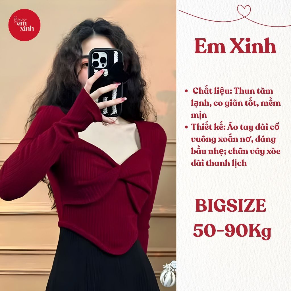 Set Áo Tay Dài Cổ Vuông Xoắn Nơ Kèm Chân Váy Dài Bigsize 50–90kg – Thun Tăm Lạnh BS056 | Em Xinh