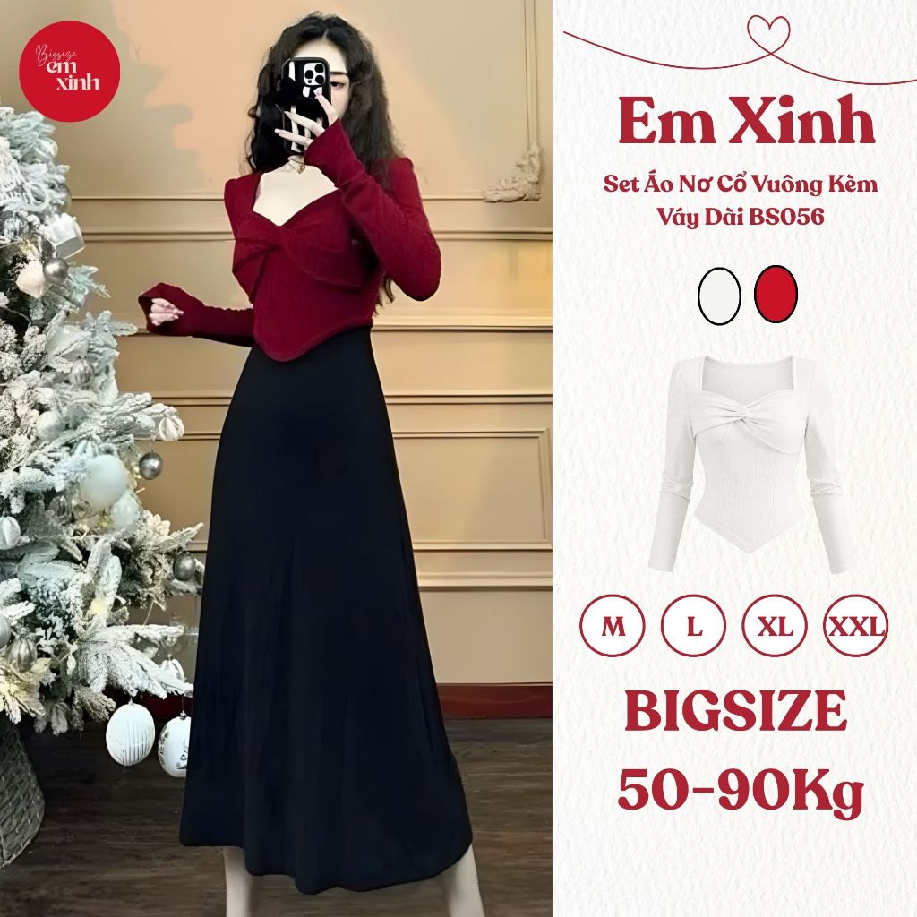 Set Áo Tay Dài Cổ Vuông Xoắn Nơ Kèm Chân Váy Dài Bigsize 50–90kg – Thun Tăm Lạnh BS056 | Em Xinh