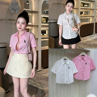 Áo sơ mi thô cổ đức cộc tay thêu ngựa đen #2720-1