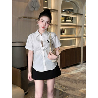 Áo sơ mi thô cổ đức cộc tay thêu ngựa đen #2720-1