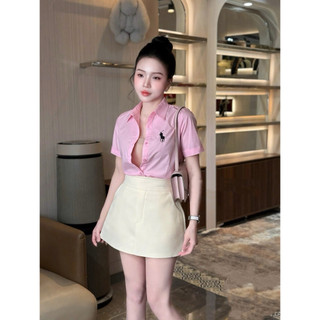 Áo sơ mi thô cổ đức cộc tay thêu ngựa đen #2720-1