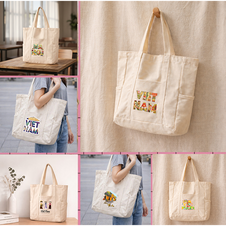 Túi tote có khóa kéo SIZE TO - túi vải tote hình VIỆT NAM HÀ NỘI SÀI GÒN đặc trưng đất nước có khóa kèm 3 ngăn phụ