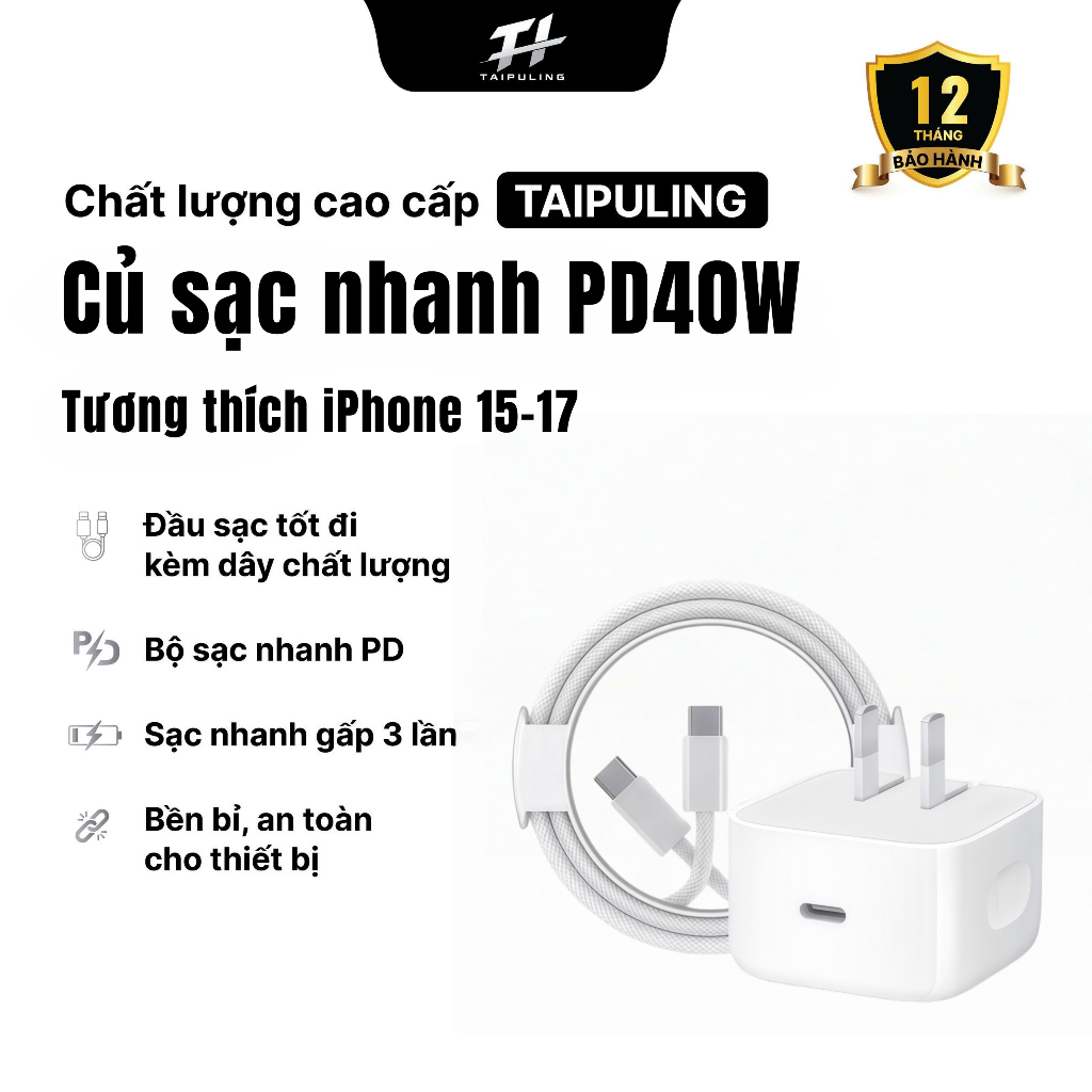 Bộ sạc nhanh PD 40W cho iPhone 17/16/15, cổng Type-C, sạc nhanh ổn định, an toàn khi sử dụng