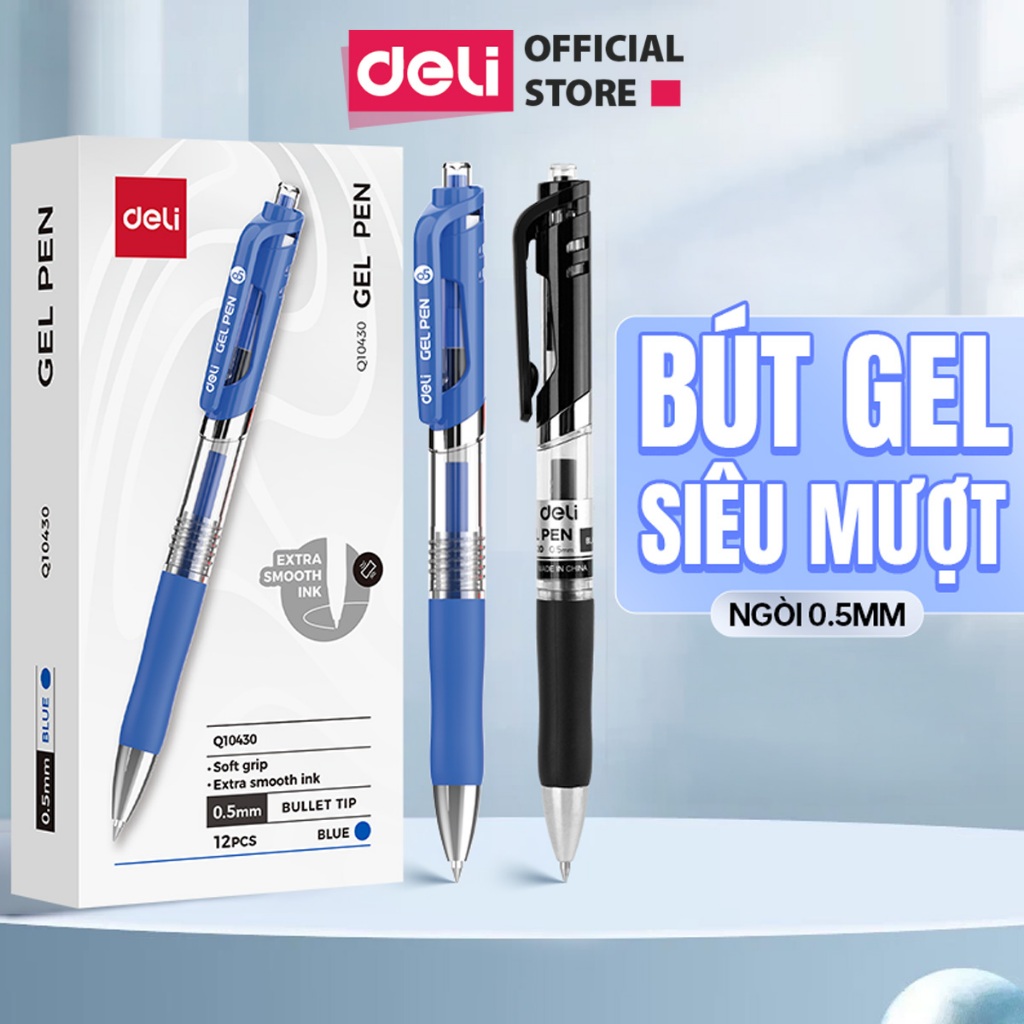 Combo 5/12/20 Bút Bi Nước Deli Ngòi 0.5mm Bút Bi Mực Gel Mực Xanh Đen Có Đệm Tay Viết Siêu Mượt