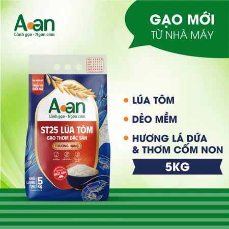 Gạo ST25 Lúa Tôm thượng hạng Aan Túi 5kg - bao bì mới - Chính hãng Gạo sạch Aan