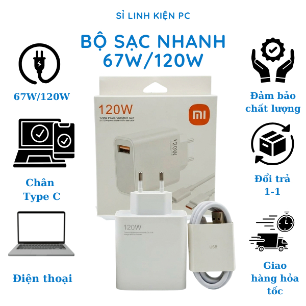 Bộ Sạc Nhanh 67W / 120W Chân Type C, Sạc Điện Thoại Nhanh Chuẩn Mi Hàng Cao Cấp - Bảo Hành 12 Tháng
